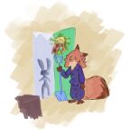  anthro canid canine ciwi clothing disney door duo female fluffy fox hi_res holidays humor judy_hopps lagomorph leporid male mammal neck_tuft nick_wilde pajamas rabbit shovel snow_shovel tools tuft winter_coat wreath zootopia 