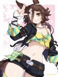  1girl animal_ears bare_shoulders black_shorts border breasts brown_hair cleavage dated ear_ornament finger_gun grin hair_over_one_eye hide_oo highres horse_ears horse_girl horse_tail jacket jacket_partially_removed long_sleeves looking_at_viewer midriff multicolored_hair navel short_hair shorts smile solo streaked_hair tail teeth umamusume vodka_(umamusume) white_border white_hair yellow_eyes 