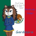  anthro badger big_breasts blue_eyes breasts brown_body brown_fur crossed_arms eyelashes fangs female fur gardizora hair hi_res inner_ear_fluff mammal mexican_flag multicolored_hair mustelid musteline solo spanish_text teeth text tuft 