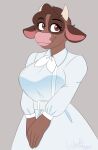  absurd_res anthro belt big_breasts blue_clothing blue_dress bovid bovine breasts brown_body brown_eyes brown_fur cattle clothed clothing dress eyelashes female fur grey_background head_tuft hi_res horn huge_breasts looking_at_viewer mammal paeonypetals simple_background smile solo tuft wide_hips 