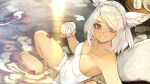  absurdres alcohol animal_ear_fluff animal_ears blush braid breasts cat_ears cat_tail cup facial_mark final_fantasy final_fantasy_xiv full-face_blush grey_hair hide_(hideout) highres holding holding_cup looking_at_viewer medium_breasts miqo&#039;te naked_towel onsen partially_submerged petals purple_eyes short_hair sitting smile sunset tail tan towel warrior_of_light_(ff14) water whisker_markings 