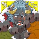  anthro blush bodily_fluids claws clothing embarrassed eyebrows fingerless_gloves fur gabu_san_dazo gloves grey_body grey_fur grey_hair hair handwear hi_res horn krampus_(housamo) lifewonders male monster scar solo tears thick_eyebrows tokyo_afterschool_summoners tusks 