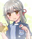  1girl barcode_scanner bread brown_eyes commentary_request employee_uniform food grey_hair hair_ribbon id_card izumi_shara kantai_collection lawson long_hair parted_lips ponytail red_eyes ribbon shirt smile solo striped striped_shirt uniform upper_body usugumo_(kancolle) 