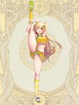  1girl ;d arms_up blonde_hair breasts dairoku_ryouhei green_panties hair_wings hoi_(tw) kneehighs long_hair medium_breasts navel one_eye_closed panties red_eyes shoes skirt smile sneakers socks split standing standing_on_one_leg standing_split stellaria_museline underwear yellow_background yellow_skirt yellow_socks 