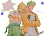  2boys alternate_costume animal_ears animal_on_shoulder animal_print blonde_hair blush cat_boy cat_day cat_ears cat_print couple crossed_arms fang green_hair highres intertwined_tails kemonomimi_mode male_focus multiple_boys one_piece pectoral_cleavage pectorals roronoa_zoro sanji_(one_piece) sideburns skin_fang sunglasses upper_body yaoi ynnn_m 