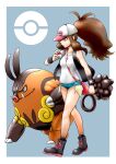  1girl absurdres baseball_cap blue_eyes boots breasts brown_hair closed_mouth commentary_request denim denim_shorts full_body hat high_ponytail highres hilda_(pokemon) long_hair nabe_puyo pignite pokemon pokemon_(creature) pokemon_(game) pokemon_bw pokemon_masters_ex ponytail shirt short_shorts shorts sidelocks vest white_shirt wristband 