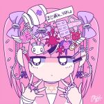  1girl bandages bandaid black_eyes blood blunt_bangs bow boxcutter decora ezaki_bisuko hair_bow heart looking_at_viewer menhera-chan_(ezaki_bisuko) menhera-chan_(ezaki_bisuko)_(character) noose pentagram pink_hair pink_shirt purple_bow rabbit razor shirt solo twintails yami_kawaii yume_kawaii 