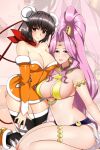  2girls arm_at_side armlet bare_shoulders black_hair black_thighhighs breasts bun_cover circlet cleavage crossover double_bun dress earrings eliza_mayfield gensou_suikoden gensou_suikoden_v green_eyes growlanser growlanser_iv hair_bun hand_on_another&#039;s_thigh high_ponytail jeane_(gensou_suikoden) jewelry kneeling large_breasts lindaroze lipstick long_hair looking_at_viewer makeup multiple_girls navel necklace orange_dress orange_eyes orange_footwear parted_bangs pink_hair red_ribbon red_scarf revealing_clothes ribbon scarf shiny_clothes shiny_skin shoes short_dress short_hair sitting smile strapless strapless_dress thighhighs thighlet wariza zettai_ryouiki zoom_layer 