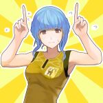  1girl aoisu_ao bare_shoulders blue_hair blunt_bangs blush braid brown_eyes closed_mouth commentary_request crown_braid finger_horns fire_emblem fire_emblem:_three_houses fire_emblem_heroes flying_sweatdrops highres index_finger_raised looking_at_viewer marianne_von_edmund official_alternate_costume shirt sidelocks sleeveless sleeveless_shirt solo sweatdrop uniform yellow_background yellow_shirt 