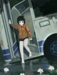  1girl absurdres barefoot black_eyes black_hair black_shorts blunt_bangs bob_cut bus highres holding holding_clothes holding_footwear jacket lily_pad motor_vehicle okura_lino orange_jacket original short_hair shorts soaking_feet solo 