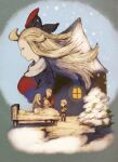  2boys 2girls anazel_d bed blonde_hair bow brave_lee bravely_default:_flying_fairy bravely_default_(series) closed_mouth dress edea_lee father_and_daughter hair_bow house long_hair maekakekamen mahzer_lee mother_and_daughter multiple_boys multiple_girls profile sitting smile snow tree 