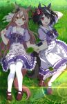  2girls absurdres ahoge akimio animal_ears black_hair blue_bow blue_bowtie blurry bokeh bow bowtie breasts brown_footwear brown_hair collarbone commentary_request depth_of_field diamond_(shape) double-parted_bangs ear_ornament falling_leaves frilled_skirt frills full_body hair_between_eyes hair_ornament hair_ribbon highres holding_hands horse_ears horse_girl horse_tail kitasan_black_(umamusume) large_breasts leaf loafers long_hair looking_at_viewer looking_to_the_side lying multicolored_hair multiple_girls on_grass open_mouth orange_eyes outdoors pantyhose partial_commentary pleated_skirt puffy_short_sleeves puffy_sleeves purple_shirt red_eyes red_ribbon ribbon sailor_collar satono_diamond_(umamusume) school_uniform shirt shirt_tucked_in shoes short_hair short_sleeves skirt smile streaked_hair tail teeth tracen_school_uniform two_side_up umamusume upper_teeth_only white_hair white_pantyhose white_sailor_collar white_skirt 