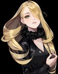  1girl black_background black_nails blonde_hair breasts cleavage cynthia_(pokemon) earrings fur-trimmed_sleeves fur_collar fur_trim grey_eyes hair_ornament hair_over_one_eye highres jewelry long_hair long_sleeves looking_at_viewer medium_breasts parted_lips pokemon pokemon_(game) pokemon_dppt simple_background solo tor_(torkrub111) upper_body 