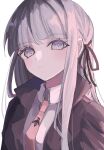  1girl black_jacket black_ribbon blunt_bangs braid brown_necktie closed_mouth collared_shirt danganronpa:_trigger_happy_havoc danganronpa_(series) frown grey_hair hair_ribbon highres ibushi_(kuyuru_29) jacket kirigiri_kyoko long_hair looking_at_viewer necktie open_clothes open_jacket pink_eyes ribbon shirt side_braid simple_background solo white_background 