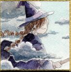  1girl blue_sky braid broom broom_riding brown_hair closed_eyes cloud commentary_request day floating_hair from_side hat highres holding holding_broom koto_(patina375887) long_hair madotsuki midair no_mouth outdoors painting_(medium) photo-referenced purple_headwear purple_robe robe shikishi sky solo traditional_media twin_braids watercolor_(medium) witch witch_hat yume_nikki 