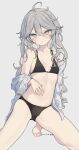  1girl ahoge artist_name ass_visible_through_thighs barefoot bikini black_bikini blush breasts collarbone dated grey_background grey_hair hair_between_eyes highres kneehighs long_hair looking_at_viewer mimelond off_shoulder open_clothes open_shirt original shirt simple_background small_breasts socks solo swimsuit white_shirt yellow_eyes 