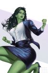  1girl artist_name black_eyes clenched_hand coat colored_skin earrings english_text glasses green_eyes green_lips green_skin high_heels highres jennifer_walters jewelry long_hair looking_up marvel marvel_cinematic_universe office_lady open_clothes open_coat open_mouth she-hulk simple_background solo wandzardeen 