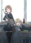  2girls absurdres against_window ammunition_pouch artist_name assault_rifle bag bag_removed black_neckerchief black_serafuku black_skirt black_thighhighs blue_bag blue_sailor_collar book book_stack brown_hair chocolate clenched_hands closed_mouth commentary cosmetics cuff_title desk double-parted_bangs drink fanta feet_out_of_frame food gun hair_over_shoulder hair_tie highres indoors light_brown_hair long_hair looking_at_viewer lying multiple_girls neckerchief nivea on_desk on_stomach open_mouth original pencil_case pink_eyes plastic_bottle pouch product_placement rifle sailor_collar savankov scho-ka-kola school_bag school_desk school_uniform serafuku sheath short_hair skirt sling smile snack soda stg44 sweets tareme teeth thighhighs upper_body upper_teeth_only weapon window windowsill yellow_eyes 