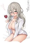  absurdres alcohol breasts brown_eyes cup drinking_glass drunk grey_hair highres kantai_collection large_breasts looking_at_viewer no_bra no_panties open_clothes open_mouth open_shirt pola_(kancolle) simple_background sitting tf_cafe thick_eyebrows twitter_username wavy_hair white_background wine wine_glass 