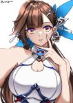  1girl :d artist_name bare_shoulders breasts brown_eyes brown_hair china_dress chinese_clothes cleavage cleavage_cutout clothing_cutout dress earrings english_commentary grin hair_ornament highres honkai_(series) honkai_impact_3rd jewelry large_breasts li_sushang li_sushang_(jade_knight) lion_space lips long_hair nail_polish red_nails selfie simple_background sleeveless sleeveless_dress smile solo teeth upper_body upper_teeth_only very_long_hair white_background white_dress 