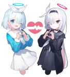  2girls ;d ainy arona_(blue_archive) black_eyes black_hairband black_serafuku black_shirt black_skirt blue_archive blue_eyes blue_hair blue_halo blue_shirt colored_inner_hair commentary_request eyes_visible_through_hair hair_over_one_eye hairband halo heart heart_hands long_hair looking_at_viewer multicolored_hair multiple_girls one_eye_closed open_mouth pink_hair plana_(blue_archive) red_halo red_pupils school_uniform serafuku shirt short_hair simple_background skirt smile two-tone_hair white_background white_hair white_hairband white_skirt 