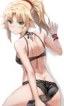  1girl back black_bra black_footwear black_panties blonde_hair bra breasts closed_mouth from_behind green_eyes highres looking_at_viewer looking_back mordred_(fate) mordred_(fate/apocrypha) panties ponytail shoulder_blades simple_background small_breasts solo standing standing_on_one_leg tonee underwear 