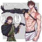  1boy abs absurdres amputee belt black_belt blue_ribbon border brown_hair cigarette closed_eyes facial_hair fate/grand_order fate_(series) goatee green_tabard hair_between_eyes haruakira hector_(fate) highres holding_own_arm male_focus mouth_hold multiple_scars multiple_views muscular muscular_male open_mouth pants pectorals ponytail prosthesis prosthetic_arm ribbon scar smoking speech_bubble stitches tabard too_many_scars topless_male translation_request white_border white_pants 