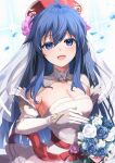  1girl armpit_crease beret blue_eyes blue_flower blue_hair blue_petals blue_rose bouquet breasts bridal_gauntlets bride cleavage commentary_request detached_collar detached_sleeves dress eyebrows_hidden_by_hair falling_petals fire_emblem fire_emblem:_the_binding_blade fire_emblem_heroes flower hair_between_eyes hat highres holding holding_bouquet lilina_(bridal)_(fire_emblem) lilina_(fire_emblem) long_hair looking_at_viewer medium_breasts nakabayashi_zun official_alternate_costume petals red_headwear red_sash rose sash sidelocks signature simple_background solo strapless strapless_dress upper_body very_long_hair white_dress white_flower white_rose 