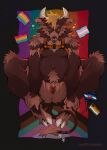  2023 andromorph anthro anus arm_tuft bear bear_pride_colors bedding blanket blonde_hair bovid bovine brown_body brown_ears brown_fur brown_inner_ear brown_pubes cattle clothed clothing digital_drawing_(artwork) digital_media_(artwork) ear_piercing ear_ring facial_piercing flag front_view full-length_portrait fur furgonomics furry-specific_piercing genitals grey_horn hair hands_on_legs harness hi_res hooves horn hybrid intersex knee_tuft koda_(abearfromspace) leg_tuft lgbt_pride mammal muzzle_piercing navel nose_piercing nose_ring nudelinooo orange_harness overweight overweight_andromorph overweight_anthro overweight_intersex pansexual_pride_colors partially_clothed piercing portrait pride_colors progress_pride_colors pubes pup_pride_colors pussy rainbow_pride_colors ring_piercing shoulder_tuft solo spread_legs spreading tongue tongue_out transgender_pride_colors tuft 