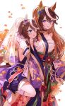  2girls animal_ears autumn autumn_leaves bare_shoulders blue_eyes blush breasts brown_hair detached_sleeves hair_between_eyes highres horse_ears horse_girl large_breasts leaf long_hair maple_leaf multicolored_hair multiple_girls one_eye_closed open_mouth purple_eyes ribbon-trimmed_sleeves ribbon_trim sarashi smile socks symboli_rudolf_(umamusume) tokai_teio_(umamusume) two-tone_hair umamusume white_hair white_socks wide_sleeves yoshida_(ne) 