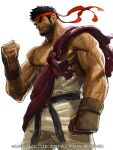  1boy beard clenched_hands dougi facial_hair feet_out_of_frame fingerless_gloves floating_clothes from_below from_side gloves hand_up headband highres looking_at_hand male_focus mature_male midriff_sarashi muscular muscular_male pants ryu_(street_fighter) sarashi sash short_hair solo standing street_fighter street_fighter_6 takayuki_nakayama thick_eyebrows 