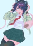  1girl animal_ear_headphones animal_ears audio_jack blurry blurry_foreground boku_no_hero_academia chibi_228 collared_shirt depth_of_field fake_animal_ears green_hoodie green_skirt green_thighhighs headphones highres hood hoodie jirou_kyouka miniskirt necktie open_clothes open_hoodie pleated_skirt purple_eyes purple_hair red_necktie shirt short_hair simple_background skirt solo thighhighs tongue tongue_out white_background white_shirt 