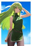  1girl absurdres armpits bare_shoulders closed_mouth dress eyelashes fire_emblem fire_emblem:_mystery_of_the_emblem green_dress green_eyes green_hair headband highres long_hair looking_at_viewer palla_(fire_emblem) pantyhose sidelocks sleeveless sleeveless_dress smile solo white_headband yuurururun 