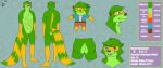  anthro butt clothing color_swatch costume digital_media_(artwork) english_text fur green_body green_fur hair headshot_portrait heterochromia humanoid hybrid male mammal model_sheet mustelid natsu_hasegawa natsutheott orange_body orange_fur otter portrait procyonid raccoon simple_background solo standing tail text turnaround 