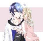  1boy 1girl aoyagi_touya artist_name azusawa_kohane blonde_hair blue_hair closed_eyes closed_mouth commentary_request dark_blue_hair fingernails grey_eyes hair_between_eyes hand_on_own_knee heart hetero highres hood hood_down hoodie kiss kissing_cheek long_sleeves moon_1014 multicolored_hair one_eye_closed partial_commentary project_sekai short_hair short_twintails sidelocks signature split-color_hair twintails two-tone_hair 