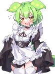  1girl alternate_costume apron black_choker black_dress black_ribbon blush breasts choker commentary_request cowboy_shot curtsey dress enmaided frilled_apron frilled_dress frilled_shirt_collar frilled_sleeves frills garter_straps gloves green_hair highres kurogane_vipers long_hair looking_at_viewer low_ponytail maid medium_bangs neck_ribbon open_mouth pea_pod pinafore_dress ribbon ribbon-trimmed_collar ribbon_trim simple_background sleeveless sleeveless_dress small_breasts solo thighhighs v-shaped_eyebrows voicevox waist_apron white_apron white_background white_gloves white_thighhighs yellow_eyes zundamon 