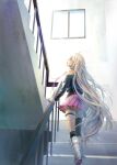  1girl ahoge asymmetrical_legwear black_jacket black_socks blue_eyes closed_mouth deepsleep13 full_body hand_on_railing ia_(vocaloid) indoors jacket long_hair off_shoulder pink_skirt pleated_skirt skirt socks stairs stairwell thigh_strap very_long_hair vocaloid white_hair 