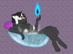  2023 absurd_res anthro bath bathing bathtub black_body black_hair black_nose breasts bubble canid canine canis censored digital_drawing_(artwork) digital_media_(artwork) elemental_manipulation female fire fire_manipulation flat_colors glass hair hi_res humanoid legs_up magic magic_user mammal mask medium_hair patreon pillow ravencrown_(caverdae) red_eyes signature smile solo steam suds translucent trinitygodag white_hair wolf 