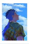  1boy absurdres blue_hair blue_sky border cu_chulainn_(fate) earrings eyelashes facing_up fate_(series) from_side green_shirt hal_(haaaalhal) highres jewelry long_hair male_focus ponytail rain shirt short_sleeves signature sky solo upper_body water_drop wet_face white_border 