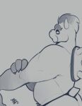  2023 animated anthro armpit_hair barely_contained barely_contained_penis bigcozyorca body_hair bowser bulge chest_hair clothing horn jockstrap koopa low_res male mario_bros monochrome nintendo nipple_piercing nipples open_mouth overweight overweight_male piercing pubes scalie solo stretching underwear yawn 