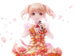  1girl :d blonde_hair bow brown_hair cowboy_shot dress dress_bow falling_petals flower frilled_dress frills fukuda_fukutarou hand_on_own_chest holding holding_microphone idol idoly_pride kawasaki_sakura_(idoly_pride) looking_at_viewer microphone open_mouth orange_dress orange_eyes petals plaid plaid_dress short_hair short_sleeves simple_background smile solo twintails white_background wrist_cuffs 