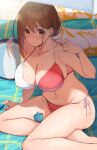  1girl absurdres ball beachball bikini blush breasts brown_eyes brown_hair collarbone highres large_breasts looking_at_viewer lotion mole mole_under_eye navel ol-chan_(udon) original revision side-tie_bikini_bottom sitting solo sunscreen sweat swimsuit thighs udon_(udonalium) 