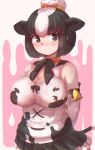  1girl animal_ears animal_print black_eyes black_hair blush bow bowtie cow_ears cow_girl cow_print cow_tail elbow_gloves extra_ears gloves highres holstein_friesian_cattle_(kemono_friends) kemono_friends looking_at_viewer multicolored_hair okyao pink_background ribbon short_hair simple_background skirt sleeveless solo tail tank_top two-tone_hair white_hair 