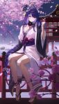  1girl absurdres alternate_costume blunt_bangs braid braided_ponytail breasts brown_footwear cherry_blossoms cleavage genshin_impact hair_between_eyes hair_ornament haori highres japanese_clothes kimono legs long_hair long_sleeves purple_eyes purple_hair purple_kimono raiden_shogun shrine shupami sitting tomoe_(symbol) 