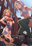  3girls arm_strap bandana bandeau belt blue_eyes boots breasts building commentary_request drooling eliza_(final_fight) final_fight final_fight_2 gloves green_headband grey_hair hand_in_own_hair headband holding holding_knife jelly_shrimp k.o. knife lucia_morgan mary_(final_fight) medium_breasts medium_hair micro_shorts midriff multiple_girls navel open_mouth orange_eyes orange_hair pouch purple_belt purple_gloves red_bandana red_headband reverse_grip shorts signature smile street_fighter street_fighter_v sunglasses thigh_boots tongue white_bandeau 