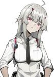  1girl absurdres ahoge character_request copyright_request earpiece grey_hair highres horns las91214 long_hair looking_at_viewer necktie radio red_eyes red_horns shirt sleeves_rolled_up solo white_background white_shirt wire 