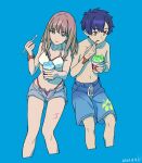  1boy 1girl artist_logo asanaka_yomogi bikini bikini_under_clothes blue_background blue_hair blue_shorts collarbone couple cropped_legs dated eating food gradient_hair green_hair gridman_universe gridman_universe_(film) hair_ornament hairclip holding holding_food holding_ice_cream holding_spoon ice_cream leaf_print leaning_on_person leaning_to_the_side making-of_available minami_yume multicolored_hair orange_eyes pink_hair pisto1star scar short_hair shorts simple_background sitting spoon ssss.dynazenon swimsuit utensil_in_mouth 