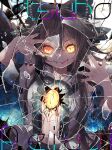  1girl :p bird_wings black_hair black_nails black_wings bow character_name diamond-shaped_pupils diamond_(shape) glowing glowing_eyes hair_bow long_hair neck_ribbon open_clothes open_shirt radiation_symbol reiuji_utsuho ribbon shattered symbol-shaped_pupils third_eye tongue tongue_out touhou toutenkou wings 