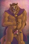  balls beast_(disney) beauty_and_the_beast blue_eyes bodily_fluids body_hair bonegrill cape clothing cum erection genital_fluids genitals happy_trail hi_res horn male masturbation monster navel nipples pecs penile penile_masturbation penis solo 