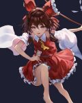  1girl :d absurdres ahoge areluna ascot bad_anatomy bare_legs bare_shoulders barefoot bow brown_eyes brown_hair commentary_request detached_sleeves flat_chest foot_out_of_frame frilled_bow frilled_hair_tubes frills gohei hair_between_eyes hair_bow hair_tubes hakurei_reimu highres holding holding_stick knee_up light_blush long_sleeves ofuda open_mouth outstretched_arm petticoat red_bow red_skirt red_vest sidelocks skirt skirt_set smile solo stick touhou vest wide_sleeves wing_collar yellow_ascot 